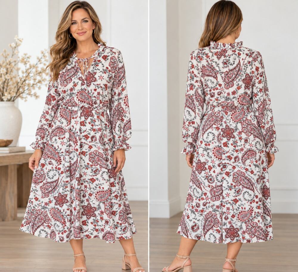 Banana Republic Size 10 Paisley Floral Boho Tie Neck Long Sleeve Dress